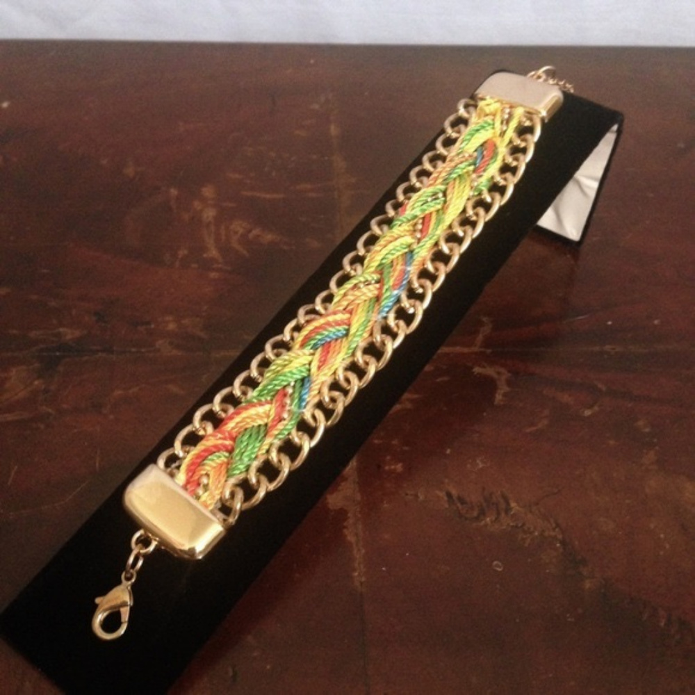 Gold Chain & Braided Multi-color Thread Bracelet